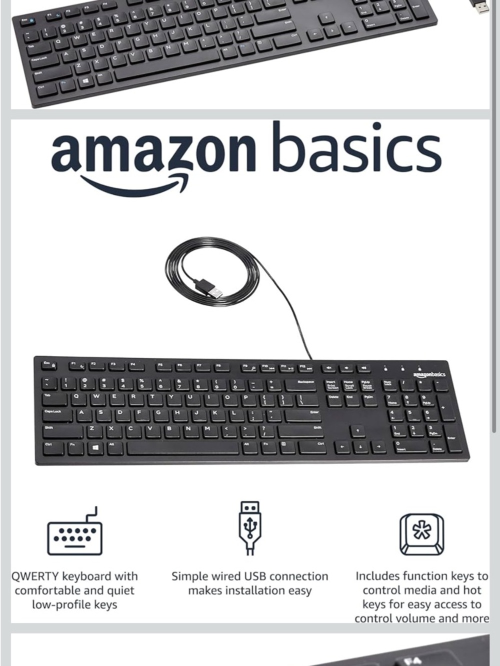 Amazon Basics Black Wired USB Full-Size Keyboard